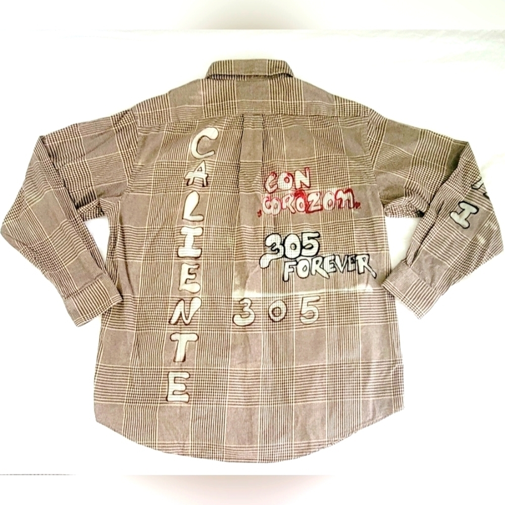 Custom Bleached Miami 305 Life Flannel Shirt Men's Large 100% Cotton Grunge Y2K